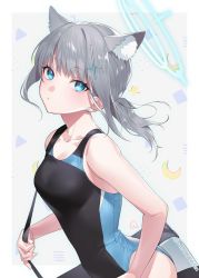 Rule 34 | 1girl, animal ear fluff, animal ears, bag, bare arms, blue archive, breasts, collarbone, competition swimsuit, crescent, cross hair ornament, duffel bag, earrings, extra ears, from side, grey hair, hair ornament, halo, head tilt, heart, jewelry, light blush, medium hair, mismatched pupils, natsumachisan, one-piece swimsuit, ponytail, shiroko (blue archive), shiroko (swimsuit) (blue archive), shoulder bag, small breasts, solo, star (symbol), swimsuit, twitter username, two-tone swimsuit, wolf ears