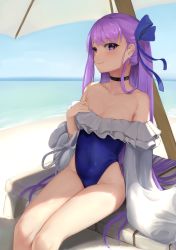 Rule 34 | 1girl, absurdres, bare shoulders, beach, beach chair, beach umbrella, blue eyes, blue one-piece swimsuit, blue ribbon, blue sky, blush, breasts, choker, closed mouth, covered navel, day, fate/grand order, fate (series), frills, hair ribbon, hand on own chest, highleg, highleg swimsuit, highres, long hair, looking at viewer, meltryllis, meltryllis (fate), meltryllis (swimsuit lancer) (fate), meltryllis (swimsuit lancer) (second ascension) (fate), ocean, off-shoulder one-piece swimsuit, off shoulder, one-piece swimsuit, purple hair, ribbon, sitting, skai kun, sky, sleeves past fingers, sleeves past wrists, small breasts, smile, solo, swimsuit, thighs, umbrella, very long hair