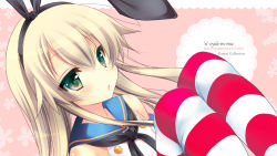 Rule 34 | 10s, 1girl, blonde hair, blush, copyright name, green eyes, hairband, kantai collection, long hair, personification, pout, shimakaze (kancolle), solo, striped clothes, striped thighhighs, thighhighs, watermark, web address, yukiji shia