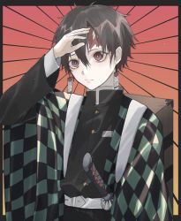 Rule 34 | 1boy, alternate hairstyle, arm up, bad id, bad pixiv id, belt, black border, border, bright pupils, brown eyes, brown hair, checkered clothes, earrings, eyelashes, grey belt, hair between eyes, jewelry, kamado tanjirou, katana, kimetsu no yaiba, light particles, long sleeves, male focus, scar, scar on face, scar on forehead, sheath, sheathed, soji 777, solo, sword, weapon, white pupils, wide sleeves