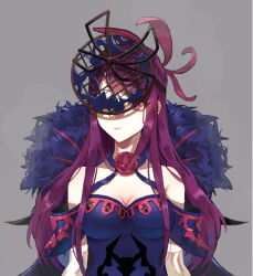 Rule 34 | 1girl, bare shoulders, breasts, cleavage, dress, elbow gloves, expressionless, fascinator, fire emblem, fire emblem engage, flower, gloves, hair ornament, highres, ivy (fire emblem), jewelry, large breasts, long hair, looking at viewer, nintendo, purple eyes, purple hair, rose, solo, thighhighs, white gloves, yachimata 1205