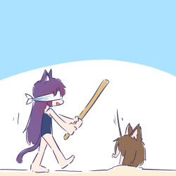 Rule 34 | 2girls, ahoge, animal ears, assault lily, bare arms, bare legs, bare shoulders, barefoot, blindfold, blue one-piece swimsuit, brown hair, buried, cat ears, cat girl, cat tail, covered eyes, from side, funada kiito, hair between eyes, highres, holding, holding stick, kawamura yuzuriha, kemonomimi mode, long hair, motion lines, multiple girls, no eyes, one-piece swimsuit, open mouth, outstretched arms, profile, purple hair, sand, school swimsuit, short hair, smile, standing, stick, swimsuit, tail, teisuu, two-tone background, very long hair, walking, wavy mouth