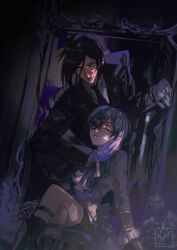 Rule 34 | 2boys, ascot, black hair, black necktie, black shorts, black suit, blue eyes, blue hair, boots, butler, child, ciel phantomhive, collar, commentary request, cross-laced footwear, crossed legs, eyepatch, flower, formal, frilled collar, frills, gloves, glowing, glowing eyes, jewelry, knee boots, kuroshitsuji, lace-up boots, lolita fashion, looking at viewer, male focus, miyukiko, multiple boys, necktie, out of frame, red eyes, ribbon, rose, sebastian michaelis, short hair, shorts, signature, sitting, smile, suit, white ascot, white gloves
