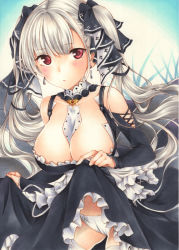 Rule 34 | 1girl, azur lane, bare shoulders, between breasts, blush, breasts, cleavage, clothes lift, collarbone, dress, dress lift, earrings, formidable (azur lane), frilled dress, frills, hair ribbon, highres, jewelry, large breasts, long hair, long sleeves, looking at viewer, panties, platinum blonde hair, red eyes, ribbon, saya pr, solo, traditional media, twintails, two-tone dress, two-tone ribbon, underwear, white legwear, white panties