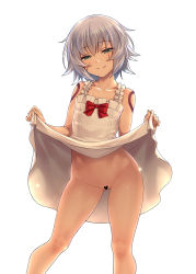 Rule 34 | 1girl, absurdres, bare shoulders, bow, breasts, censored, clothes lift, commentary request, dress, dress lift, fate/grand order, fate (series), feet out of frame, female focus, green eyes, grey hair, hair between eyes, half-closed eyes, has uncensored version, heart, heart censor, highres, jack the ripper (fate/apocrypha), lifted by self, looking at viewer, no panties, official alternate costume, orochi itto, pussy, red bow, scar, scar across eye, scar on face, short hair, shoulder tattoo, simple background, skirt, skirt lift, small breasts, smile, solo, tattoo, white background, white dress