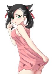 Rule 34 | 1girl, absurdres, ass, black hair, blush, breasts, creatures (company), dress, dress tug, earrings, game freak, green eyes, highres, jewelry, maho (corotonton5150), marnie (pokemon), medium breasts, nintendo, open mouth, pink dress, pokemon, pokemon swsh, short dress, simple background, solo, stud earrings, twintails, white background
