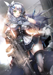 Rule 34 | 1girl, alternate costume, apron, assault rifle, black gloves, black thighhighs, blunt bangs, blush, breasts, closed mouth, clothing cutout, cowboy shot, dated, deeple, dress, enmaided, facepaint, fingerless gloves, floating hair, frills, girls&#039; frontline, gloves, green eyes, gun, h&amp;k hk416, hair ornament, hand on own face, heckler &amp; koch, hk416 (girls&#039; frontline), holding, holding gun, holding weapon, light particles, long hair, looking at viewer, maid, maid headdress, medium breasts, mouth hold, outdoors, puffy short sleeves, puffy sleeves, rifle, short sleeves, signature, silver hair, skindentation, skirt, solo, sparkle, teardrop, thighhighs, torn clothes, underboob cutout, weapon, wind, wind lift
