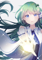 Rule 34 | 1girl, bare shoulders, blue eyes, blush, breasts, commentary request, detached sleeves, eyes visible through hair, floating hair, frog hair ornament, glowing, green hair, hair ornament, kochiya sanae, large breasts, long hair, looking at viewer, pahenyon, parted lips, shirt, solo, sparkle, swept bangs, touhou, upper body, very long hair, white shirt, wide sleeves