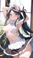 Rule 34 | 1girl, absurdly long hair, ai-assisted, apron, aqua halo, aris (blue archive), aris (maid) (blue archive), armpits, arms up, black hair, black wristband, blue archive, blue eyes, blue ribbon, blush, borrowed clothes, bra, breasts, frilled apron, frills, green halo, halo, long hair, looking at viewer, maid, maid apron, maid headdress, medium breasts, navel, ni mochi, no shirt, official alternate costume, rectangular halo, ribbon, solo, underwear, very long hair, white apron, white bra