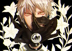Rule 34 | 10s, 1boy, black background, black gloves, bud, earrings, facepaint, floral background, fox shadow puppet, gloves, hair between eyes, holding, holding mask, jewelry, light smile, logo, long sleeves, looking at viewer, mad369, male focus, mask, unworn mask, nakigitsune, portrait, silver hair, solo, touken ranbu, yellow eyes