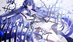 1girl bare_shoulders blue_eyes blue_flower blue_hair blue_rose blurry commission depth_of_field dress falling_petals flower hair_flower hair_ornament highres holding holding_staff long_hair long_sleeves onodera_nire original parted_lips petals rose solo staff thigh_strap very_long_hair white_dress