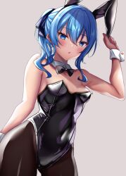 Rule 34 | 1girl, animal ears, bare shoulders, black bow, black bowtie, black leotard, black pantyhose, blue eyes, blue hair, blue ribbon, blush, bow, bowtie, breasts, cleavage, covered navel, detached collar, fake animal ears, hair between eyes, hair ribbon, highres, hololive, hoshimachi suisei, leotard, looking at viewer, medium hair, open mouth, pantyhose, playboy bunny, rabbit ears, ribbon, shiki (catbox230123), side ponytail, small breasts, solo, star (symbol), star in eye, strapless, strapless leotard, symbol in eye, virtual youtuber, wrist cuffs