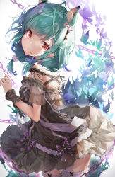 Rule 34 | 1girl, absurdres, ahoge, animal ear fluff, animal ears, black dress, blush, bug, butterfly, chain, colored tips, commentary request, cowboy shot, dress, earrings, frilled dress, frills, garter straps, green hair, hair ornament, highres, hololive, insect, jewelry, looking at viewer, looking back, matutoki nara05, multicolored hair, off-shoulder dress, off shoulder, red eyes, short hair, simple background, skull hair ornament, smile, solo, thighhighs, uruha rushia, uruha rushia (3rd costume), virtual youtuber, white background, white thighhighs, wrist cuffs