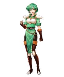 Rule 34 | 1girl, armor, belt, boots, breastplate, dress, elbow gloves, female focus, fingerless gloves, fire emblem, fire emblem: thracia 776, fire emblem heroes, full body, gloves, gold trim, green dress, green eyes, green hair, highres, karin (fire emblem), knee pads, matching hair/eyes, nintendo, non-web source, official art, pantyhose, shiny clothes, short dress, short hair, short sleeves, shoulder armor, solo, thigh boots, thighhighs, transparent background, uroko (mnr), white armor