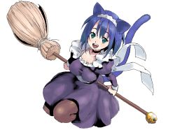 Rule 34 | animal ears, blue hair, broom, cat ears, cat tail, green eyes, jaggy lines, maid, original, pantyhose, poporon, solo, tail