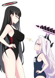 Rule 34 | 2girls, absurdres, ahoge, black hair, black halo, blue archive, breast envy, bright pupils, commentary, competition swimsuit, demon horns, english commentary, flat chest, hair ornament, hairclip, halo, hand on own hip, highres, hina (blue archive), horns, lightning glare, long hair, looking at another, multiple girls, one-piece swimsuit, parted bangs, purple eyes, red eyes, rio (blue archive), school swimsuit, simple background, staring, stryx, sweatdrop, swimsuit, tsurime, very long hair, white background, white pupils