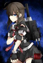 Rule 34 | 1girl, ahoge, black serafuku, black shirt, black skirt, blood, blouse, blue eyes, braid, braided ponytail, brown hair, closed mouth, commentary request, fingerless gloves, gloves, hair between eyes, hair flaps, hair ornament, hair over shoulder, holding own arm, injury, kantai collection, long hair, pleated skirt, red neckwear, revision, rui shi (rayze ray), school uniform, serafuku, shigure (kancolle), shigure kai ni (kancolle), shirt, single braid, skirt, sleeve cuffs, solo, standing, torn clothes, torn shirt