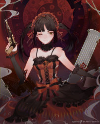 Rule 34 | 1girl, ;), absurdres, asymmetrical hair, bad id, bad pixiv id, bare shoulders, black hair, blush, breasts, cleavage, clock eyes, commentary, date a live, detached sleeves, dress, english commentary, female focus, frilled dress, frilled sleeves, frills, gothic lolita, gun, hairband, hand up, handgun, highres, holding, holding gun, holding weapon, huge filesize, lolita fashion, lolita hairband, long hair, looking at viewer, medium breasts, musket, one eye closed, outstretched arm, pistol, roman numeral, smile, smoke, smoking barrel, solo, spaghetti strap, symbol-shaped pupils, tokisaki kurumi, twintails, weapon, whiteribbon000, yellow eyes