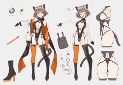 Rule 34 | 1girl, animal ears, breasts, cat ears, cat girl, cat tail, character sheet, closed eyes, full body, gloves, highres, jacket, light brown hair, looking at viewer, multiple views, ohta yuichi, open mouth, revealing clothes, simple background, standing, tail, yellow eyes