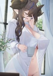 Rule 34 | 1girl, absurdres, animal ears, breasts, brown hair, cleavage, closed eyes, coffee mug, collared shirt, cup, curtains, dress shirt, extra ears, galleon (granblue fantasy), granblue fantasy, highres, horns, large breasts, long hair, long sleeves, mug, multicolored hair, naked shirt, navel, no panties, nox13, open mouth, pointy ears, shirt, smile, solo, streaked hair, swept bangs, white shirt, window