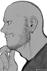 Rule 34 | 1boy, bald, bara, beard stubble, earrings, facial hair, from side, greyscale, hand on own chin, highres, jewelry, looking ahead, male focus, mature male, monochrome, mustache stubble, no eyebrows, original, powerlesssong, profile, solo, stroking own chin, stubble, tsurime, tusks