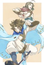 Rule 34 | 2boys, ahoge, ainu clothes, aquaplus, beard, boots, brown eyes, brown hair, cape, facial hair, full body, gauntlets, grin, haku (utawarerumono), hand fan, highres, holding, holding fan, holding sword, holding weapon, hood, hood down, katana, long hair, long sleeves, looking at another, looking to the side, low ponytail, messy hair, mole, mole under eye, multiple boys, nose, open mouth, pants, pointy ears, red eyes, smile, sword, teeth, tongue, ukon (utawarerumono), utawarerumono, utawarerumono: itsuwari no kamen, weapon, wide sleeves, will asagi