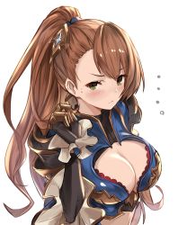 Rule 34 | 1girl, absurdres, armor, asymmetrical bangs, basil (st 1), beatrix (granblue fantasy), blue armor, blush, breasts, brown eyes, brown hair, cleavage, cleavage cutout, closed mouth, clothing cutout, gauntlets, granblue fantasy, green eyes, hair ornament, highres, large breasts, long hair, looking at viewer, ponytail, scrunchie, simple background, solo, sweatdrop, white background
