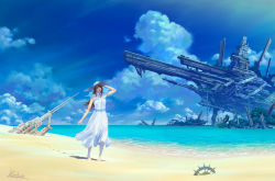 Rule 34 | 1girl, bad id, bad pixiv id, barefoot, blue sky, brown eyes, brown hair, cloud, cloudy sky, day, dress, footprints, hand on headwear, hand up, hat, horizon, kaitan, light rays, long hair, ocean, original, outdoors, parted lips, ruins, scenery, science fiction, short sleeves, signature, sky, solo, standing, sun hat, sundress, white dress