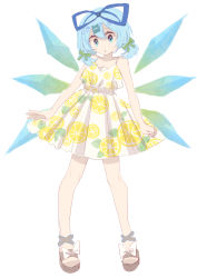 Rule 34 | 1girl, :o, absurdres, alternate costume, alternate footwear, alternate hairstyle, ankle lace-up, aqua eyes, bad id, bad pixiv id, bare arms, bare shoulders, blue bow, blue eyes, blue hair, blue hairband, blue wings, bow, brown footwear, cirno, clenched hand, collarbone, contemporary, cross-laced footwear, detached wings, dress, food print, footwear bow, full body, gradient wings, green bow, hair between eyes, hair bow, hair ornament, hairband, hairclip, head tilt, highres, legs apart, lemon print, looking at viewer, low twintails, multicolored wings, open hand, parted lips, pleated dress, print dress, sandals, shocho (shaojiujiu), short dress, short hair, short twintails, simple background, sleeveless, sleeveless dress, solo, spaghetti strap, standing, sundress, touhou, twintails, white background, white bow, white dress, wings, wrist extended, x hair ornament