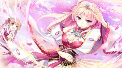 Rule 34 | 2girls, :d, armor, breastplate, breasts, brown hair, cherry blossoms, cleavage, cloud, collar, dancing, detached sleeves, diadem, floral print, game cg, hair ornament, hair ribbon, hand fan, holding, holding fan, iris mysteria!, japanese clothes, jewelry, kimono, long hair, magatama, magatama necklace, medium breasts, miyaguni akari, multiple girls, necklace, open mouth, own hands clasped, own hands together, pendant, petals, pink hair, purple eyes, red collar, ribbon, sen no hatou tsukisome no kouki, shiinoha kotone, sky, smile, tiara, twintails, wide sleeves, yellow eyes