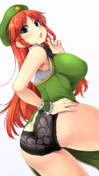 Rule 34 | 1girl, ass, backless panties, bad id, bad pixiv id, black panties, blue eyes, blush, braid, breasts, butt crack, female focus, hat, hong meiling, lace, lace-trimmed panties, lace trim, large breasts, long hair, looking at viewer, looking back, multiple girls, open mouth, panties, red hair, shachi kamaboko, simple background, solo, star (symbol), touhou, twin braids, underwear, white background, wrist cuffs