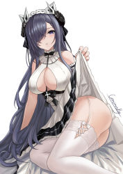 Rule 34 | 1girl, absurdres, artist name, ass, august von parseval (azur lane), august von parseval (the conquered unhulde) (azur lane), azur lane, bare shoulders, between breasts, black dress, breasts, cleavage, curled horns, dress, garter straps, gmomotdly, hair over one eye, highres, horns, lace, lace-trimmed legwear, lace trim, large breasts, long hair, looking at viewer, maid, mechanical horns, official alternate costume, one eye covered, purple eyes, purple hair, simple background, sleeveless, sleeveless dress, solo, strap between breasts, thighhighs, two-tone dress, very long hair, white background, white dress, white garter straps, white thighhighs