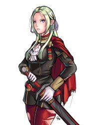 Rule 34 | 1girl, artist request, blonde hair, blue eyes, cape, ascot, edelgard von hresvelg, fire emblem, fire emblem: three houses, gloves, hair ornament, highres, long hair, looking at viewer, mole, mole under mouth, nintendo, simple background, solo, uniform, white background