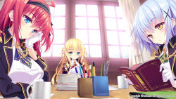 Rule 34 | 3girls, ahoge, aqua eyes, arm support, arm up, ascot, black hairband, black jacket, black ribbon, blazer, blonde hair, blue eyes, blue hair, blush, book, book stack, bored, bow, breasts, brooch, chain, closed mouth, coffee mug, collared shirt, company name, copyright notice, cropped jacket, cross print, cup, curtains, day, dot nose, dress shirt, dutch angle, english text, epaulettes, eufonie, eyelashes, eyes visible through hair, game cg, gloves, gold chain, hair between eyes, hair bow, hair ornament, hair over shoulder, hair ribbon, hairband, half-closed eyes, hand on own cheek, hand on own face, hanidebi! honey &amp; devil, hayakawa harui, head rest, holding, holding book, indoors, jacket, jewelry, kikumon, kougousaki ruri, large breasts, light blue hair, light particles, long hair, long sleeves, looking at viewer, looking down, mug, multiple girls, nape, nishinozono kaoruko, one side up, open book, own hands together, paper, parted lips, pen, pen holder, reading, red hair, reflection, ribbon, ringlets, ruler, sakura misaki (sakura densetsu), school uniform, see-through, shirt, short hair, sidelocks, sitting, sleeve cuffs, sleeves rolled up, small breasts, smile, striped clothes, striped hairband, sunlight, table, takamiya ouka, tassel, taut clothes, taut shirt, text focus, two side up, very long hair, watermark, white bow, white gloves, white shirt, window, wing collar, x hair ornament, yellow eyes
