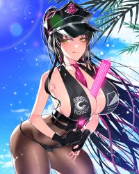 Rule 34 | 1girl, absurdres, arched back, bare shoulders, baton, between breasts, black gloves, black hair, black hat, black panties, blue sky, blush, bodystocking, breasts, cleavage, closed mouth, covered navel, facial mark, fate/grand order, fate (series), fingerless gloves, forehead mark, gloves, halterneck, hat, highres, ia (ias1010), large breasts, licking lips, long hair, looking to the side, multicolored hair, necktie, palm tree, panties, parted bangs, pink hair, pink necktie, police hat, ponytail, sessyoin kiara, sessyoin kiara (swimsuit mooncancer), sessyoin kiara (swimsuit mooncancer) (second ascension), sideboob, sky, smile, solo, streaked hair, thighs, tongue, tongue out, tree, underwear, very long hair, wet, yellow eyes