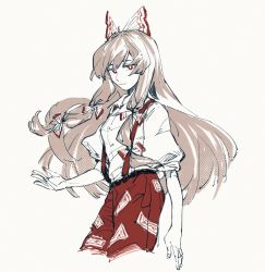 Rule 34 | 1girl, bow, breasts, bright pupils, collared shirt, colored skin, commentary request, film grain, fujiwara no mokou, hair bow, highres, long hair, malvo, ofuda, ofuda on clothes, pants, puffy sleeves, red eyes, red pants, shirt, simple background, sketch, sleeves past elbows, small breasts, solo, suspenders, touhou, white background, white bow, white hair, white pupils, white shirt, white skin