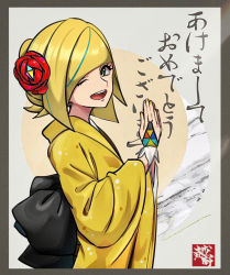 Rule 34 | 1girl, ;d, adapted costume, blonde hair, commentary request, creatures (company), echizen (n fns17), eyelashes, flower, from side, game freak, green eyes, hair flower, hair ornament, hands up, highres, japanese clothes, kimono, lusamine (pokemon), multicolored hair, nail polish, nintendo, official alternate costume, one eye closed, open mouth, own hands together, pokemon, pokemon masters ex, red flower, short hair, smile, solo, streaked hair, teeth, tongue, translation request, upper teeth only, wide sleeves, yellow kimono, yellow nails