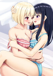 Rule 34 | 2girls, absurdres, bed, black hair, blonde hair, blue bra, blue panties, blush, bra, breasts, cleavage, collarbone, embarrassed, eye contact, hand on another&#039;s head, highres, hug, indoors, inoue takina, large breasts, lingerie, long hair, looking at another, lycoris recoil, medium breasts, mosuchaka, multiple girls, nishikigi chisato, open mouth, panties, pink bra, purple eyes, red eyes, short hair, sitting, sitting on person, smile, underwear, yuri