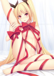 Rule 34 | 1girl, barefoot, black ribbon, blazblue, blonde hair, blunt bangs, blush, bow, breasts, curtains, daiaru, eyebrows, hair ribbon, highres, lace, leg up, long hair, looking at viewer, naked ribbon, nipples, rachel alucard, red bow, red eyes, red ribbon, ribbon, sitting, small breasts, solo, spread legs, twintails, very long hair
