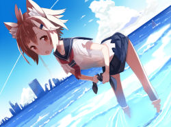 Rule 34 | 1girl, ahoge, animal ears, blush, brown hair, character request, city, cloud, copyright request, day, dutch angle, hair ornament, hairclip, leaning forward, looking at viewer, neckerchief, open mouth, partially submerged, pleated skirt, red eyes, ruins, school uniform, serafuku, shiromiso, shirt, short hair, skirt, sky, solo, torn clothes, wading, water