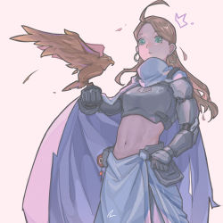 Rule 34 | 1girl, ahoge, animal, animal on arm, armor, bird, bird on arm, breastplate, brown hair, cape, earrings, feathers, gauntlets, green eyes, highres, hoop earrings, jewelry, jie-loeng, long hair, midriff, navel, original, parted lips, pauldrons, pink background, shoulder armor, signature, simple background, solo, standing, torn cape, torn clothes, vambraces