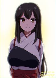 Rule 34 | 1girl, akagi (kancolle), black hair, brown eyes, brown hair, commentary request, cowboy shot, dated, hakama, hakama short skirt, hakama skirt, highres, japanese clothes, johssnny, kantai collection, long hair, looking at viewer, muneate, one-hour drawing challenge, red hakama, simple background, skirt, smile, solo, tasuki, twitter username, white background