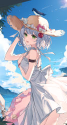 Rule 34 | 1girl, bare back, beach, bird, bow, breasts, character doll, cloud, dress, flower, genshin impact, green eyes, hair flower, hair ornament, hat, highres, charm (object), looking at viewer, lumine (genshin impact), medium breasts, mountain, noelle (genshin impact), open mouth, outdoors, short hair, sky, sleeveless, sleeveless dress, smile, solo, white bow, white dress, white hair, wind, yajuu