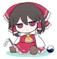 Rule 34 | 1girl, ascot, boots, bow, brown footwear, brown hair, closed mouth, collar, collared dress, detached sleeves, dress, fumo (doll), gohei, grass, hair between eyes, hair ornament, hair tubes, hakurei reimu, long sleeves, looking away, orb, purple eyes, red bow, red dress, rei (tonbo0430), short hair, simple background, sitting, solo, touhou, white background, white sleeves, wide sleeves, yellow ascot, yin yang, yin yang orb