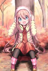 Rule 34 | 1girl, absurdres, autumn, autumn leaves, beige jacket, black pantyhose, blue eyes, blush, branch, bush, commentary request, dress, earmuffs, eyes visible through hair, flats, forest, hair between eyes, hair down, hands on headwear, head tilt, highres, kagamihara nadeshiko, light, long hair, long sleeves, looking at viewer, n2midori, nature, on ground, open mouth, outdoors, pantyhose, pink hair, red dress, shadow, socks over pantyhose, solo, tree, wide-eyed, yurucamp