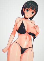 Rule 34 | 1145ryou cm3d2, 1girl, 3d, angry, bikini, black bikini, black hair, blush, breasts, breasts out, choker, cleavage, covering breasts, covering privates, female focus, from below, highres, kirigaya suguha, koikatsu, large breasts, looking at viewer, short hair, solo, standing, swimsuit, sword art online, thick thighs, thighs