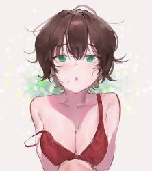 Rule 34 | 1girl, blush, bra, breasts, brown hair, cleavage, commentary, english commentary, eyeliner, eyeshadow, godekasu, green eyes, highres, large breasts, looking at viewer, makeup, original, parted lips, red bra, short hair, solo, strap slip, underwear, upper body, waiting for kiss