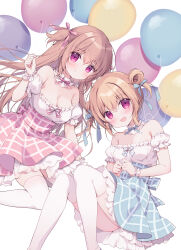 Rule 34 | 2girls, :d, balloon, bare shoulders, blue bow, blue skirt, blush, bow, breasts, brown hair, cleavage, closed mouth, commentary request, detached sleeves, double bun, feet out of frame, frilled shirt, frilled sleeves, frills, hair between eyes, hair bow, hair bun, highres, holding, holding balloon, knees together feet apart, knees up, long hair, medium breasts, miyasaka miyu, multiple girls, open mouth, original, pink bow, pink skirt, puffy short sleeves, puffy sleeves, purple eyes, shirt, short sleeves, simple background, skirt, small breasts, smile, strapless, strapless shirt, thighhighs, two side up, very long hair, white background, white shirt, white sleeves, white thighhighs