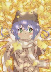 Rule 34 | 1girl, absurdres, artist name, autumn leaves, bear hair ornament, blue hair, blush, closed mouth, coat, dot nose, female focus, green eyes, hair ornament, hat, highres, long hair, looking at viewer, lying, onii-chan wa oshimai!, outdoors, outstretched arms, scarf, solo, taizou, tenkawa nayuta