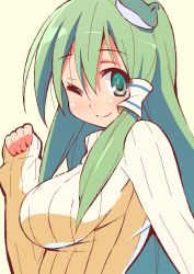 Rule 34 | 1girl, 9law, bad id, bad pixiv id, breasts, casual, female focus, frog, green eyes, green hair, hair ornament, impossible clothes, kochiya sanae, large breasts, long hair, looking at viewer, matching hair/eyes, one eye closed, simple background, smile, solo, sweater, touhou, turtleneck, upper body, very long hair, wink